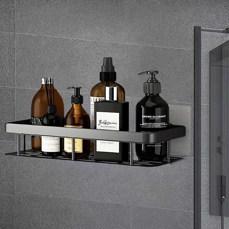 Black Wall-Mounted Storage Shelf - Heavy-Duty Plastic, No-Drill Adhesive Installation, Space-Saving Bathroom and Kitchen Organizer