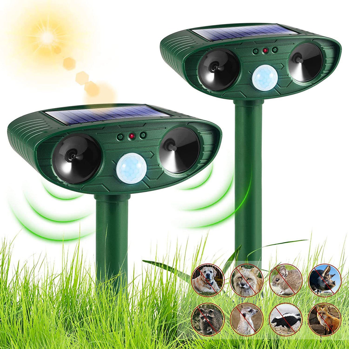 Classic Solar Powered Animal Repeller - PIR Sensor, Ultrasonic & Flashing Light Deterrent for Cats, Dogs, and Birds
