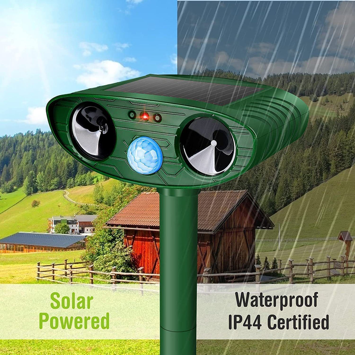 Classic Solar Powered Animal Repeller - PIR Sensor, Ultrasonic & Flashing Light Deterrent for Cats, Dogs, and Birds