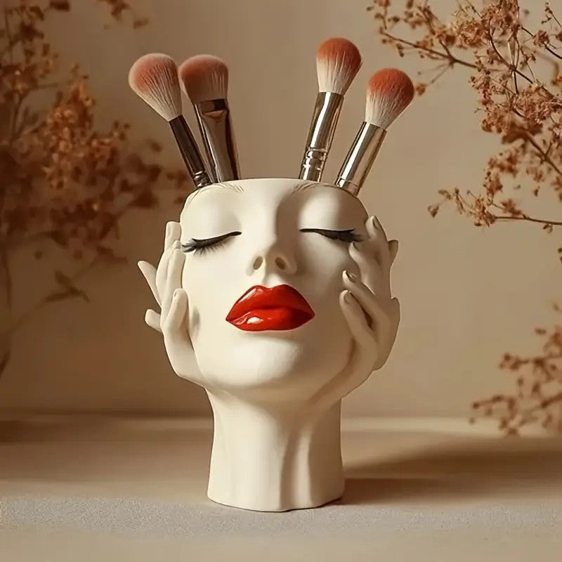Sculpted Hands Vanity Brush Holder — "Goddess Embrace" Resin Organizer with Red Lips Accent/1 Piece Elegant Resin Makeup Brush Holder with Red Lips Design - Lightweight Synthetic Cosmetics Organizer Box, Standalone Desktop Storage Case for Bathroom or Dre