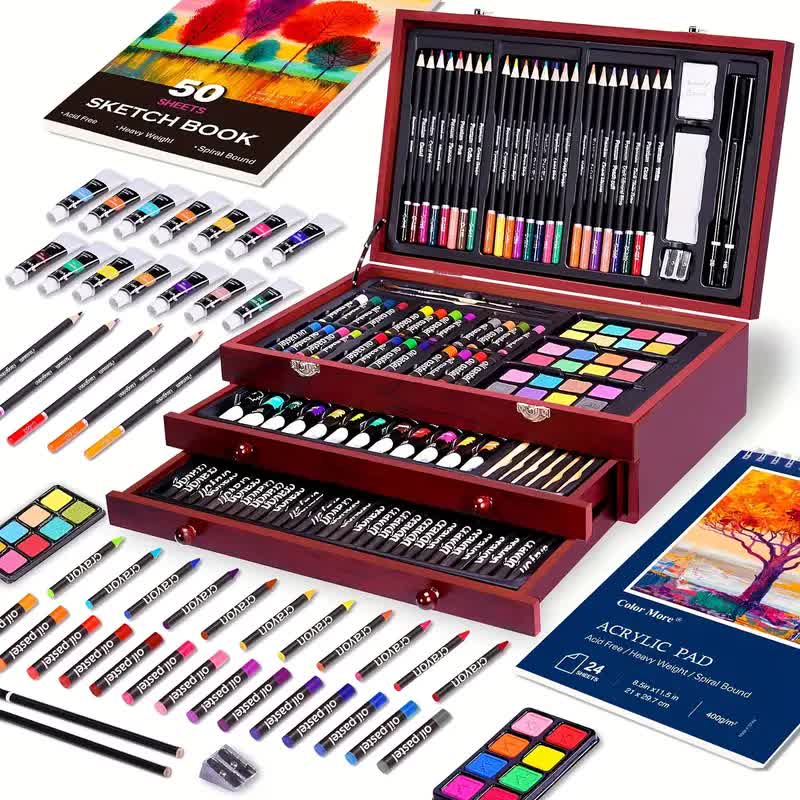 Black 175-Piece Deluxe Art Set with 2 Drawing Boards, Wax Crayons, Acrylic Paints, Colored Pencils, Wooden Storage Case – Professional Painting Kit, Art Supplies, Ideal Gift for Christmas, Halloween, and Back-to-School Season