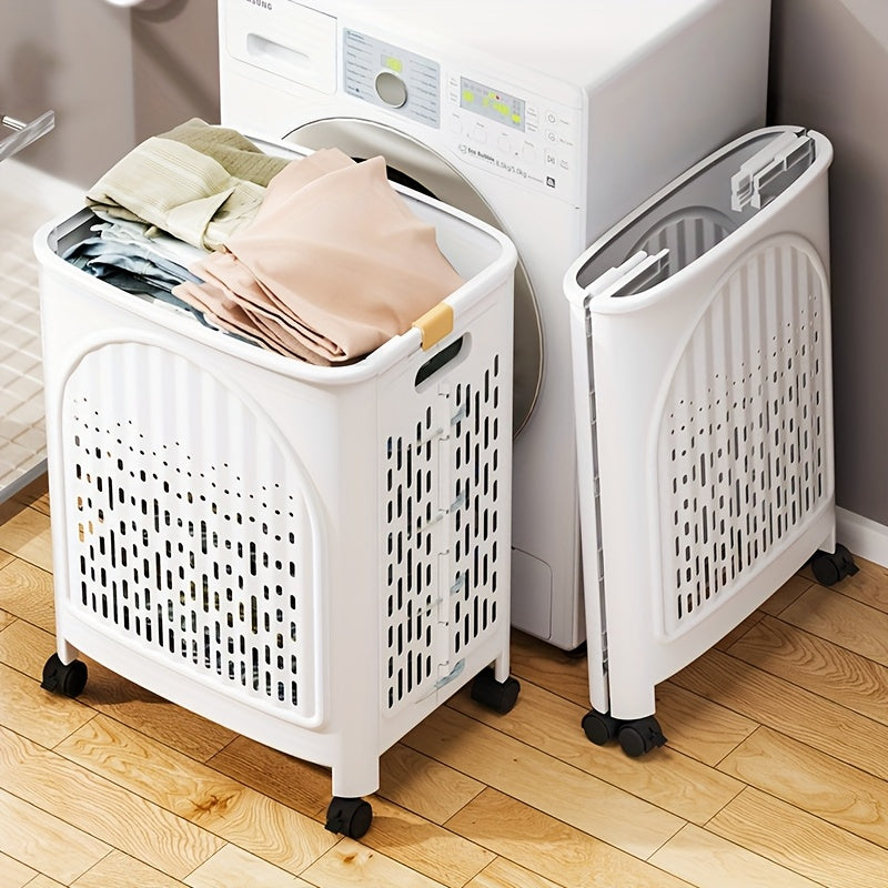 A wheeled foldable plastic laundry basket, suitable for dirty clothes and easy to move. It features a breathable design for convenience and practicality.