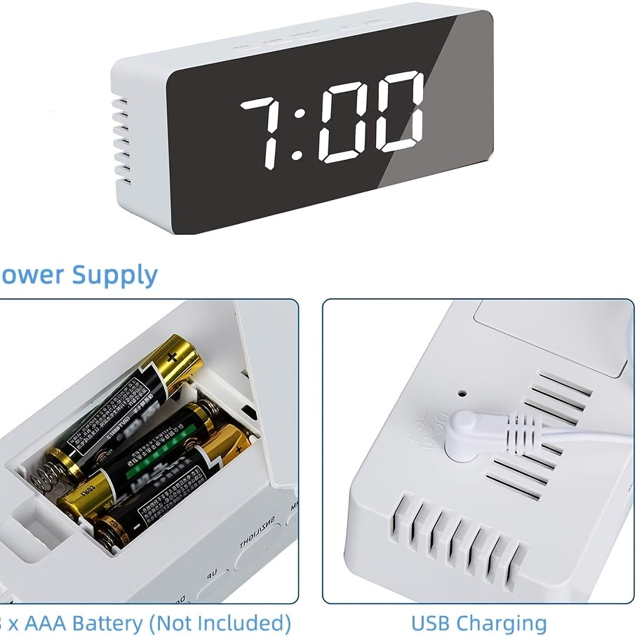 LED Mirror Desk Clock with Snooze Function & Temperature Display Digital Alarm Clock, Large LED Display Mirror Clock with Snooze, Adjustable Brightness, Suitable for Home Bedroom Living Room Office Travel (White)
