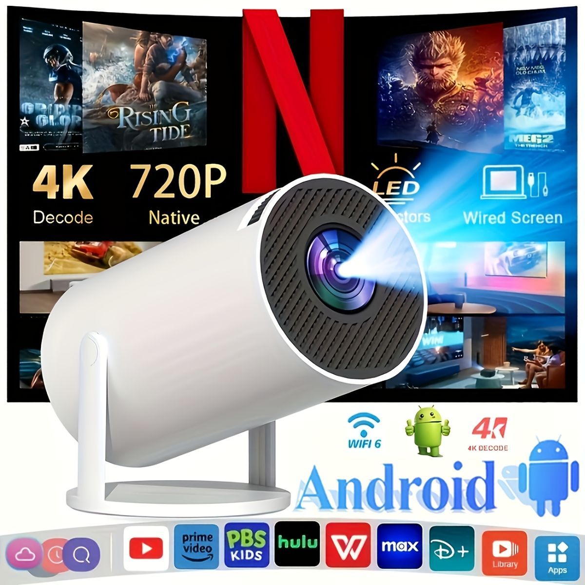 HY300 Pro HD Smart Projector Mini Projector Portable Projector 4K Projector - White - Size 01