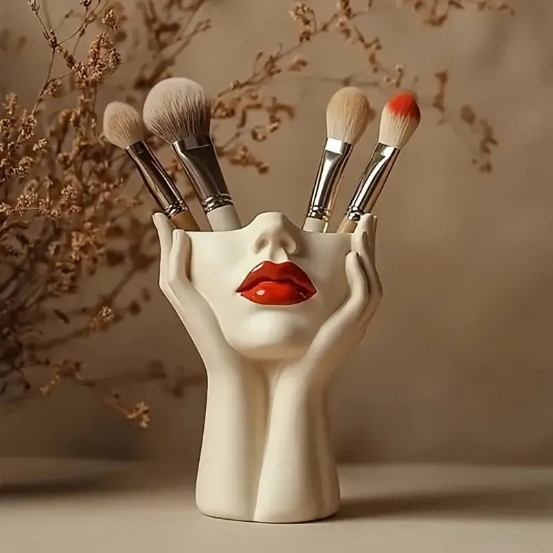 Lip's Whisper, Light's Embrace" — Sculptural Resin Vanity Brush Holder with Red Accent.1 Piece Elegant Resin Makeup Brush Holder with Red Lips Design - Lightweight Synthetic Cosmetics Organizer Box, Standalone Desktop Storage Case for Bathroom or Dressing
