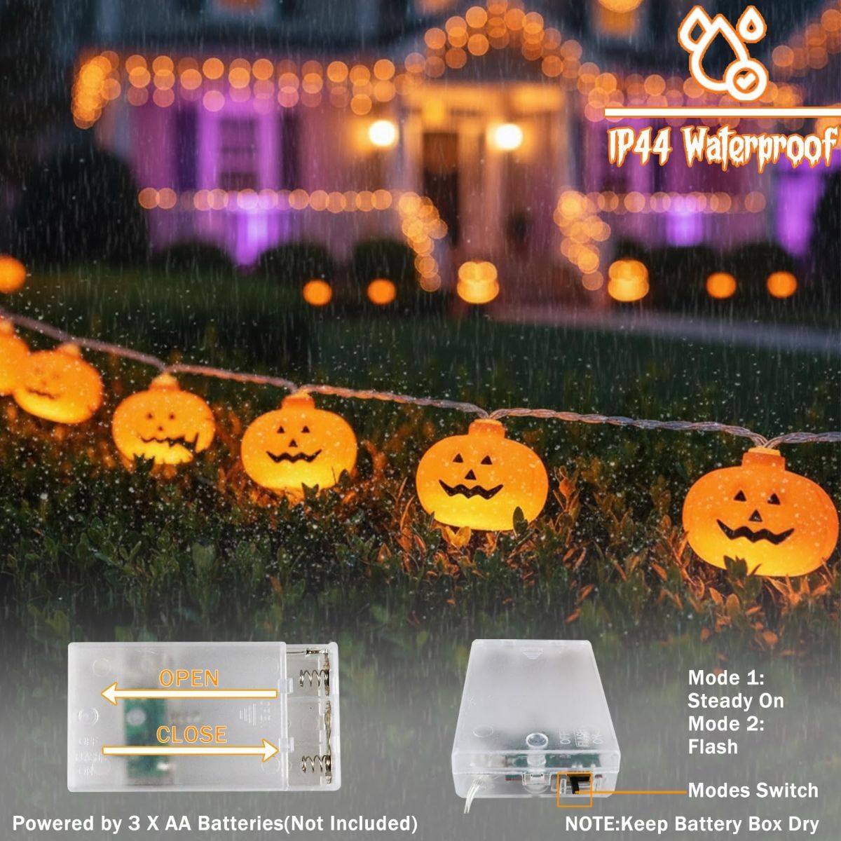 Halloween LED Lights Pumpkin String Lights Battery-Powered Lights Waterproof - Yellow - Size 3m 20-LED light