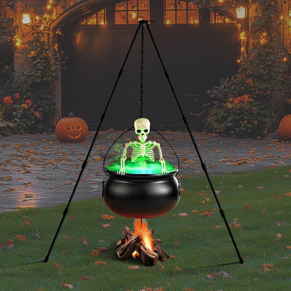 Halloween Outdoor Decorations Witch Cauldron Tripod Stand Fog Machine With - Black - Size 130cm