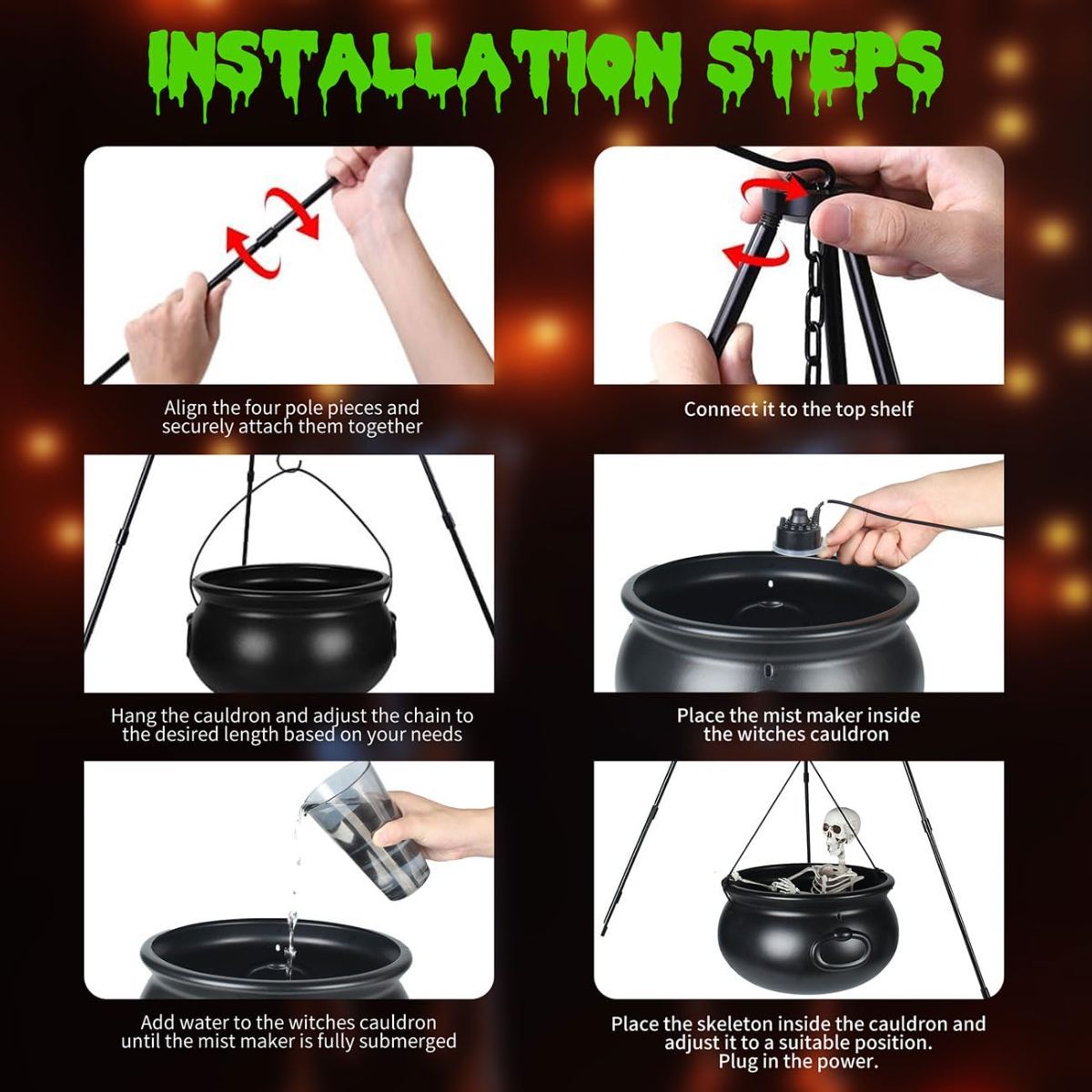 Halloween Outdoor Decorations Witch Cauldron Tripod Stand Fog Machine With - Black - Size 130cm