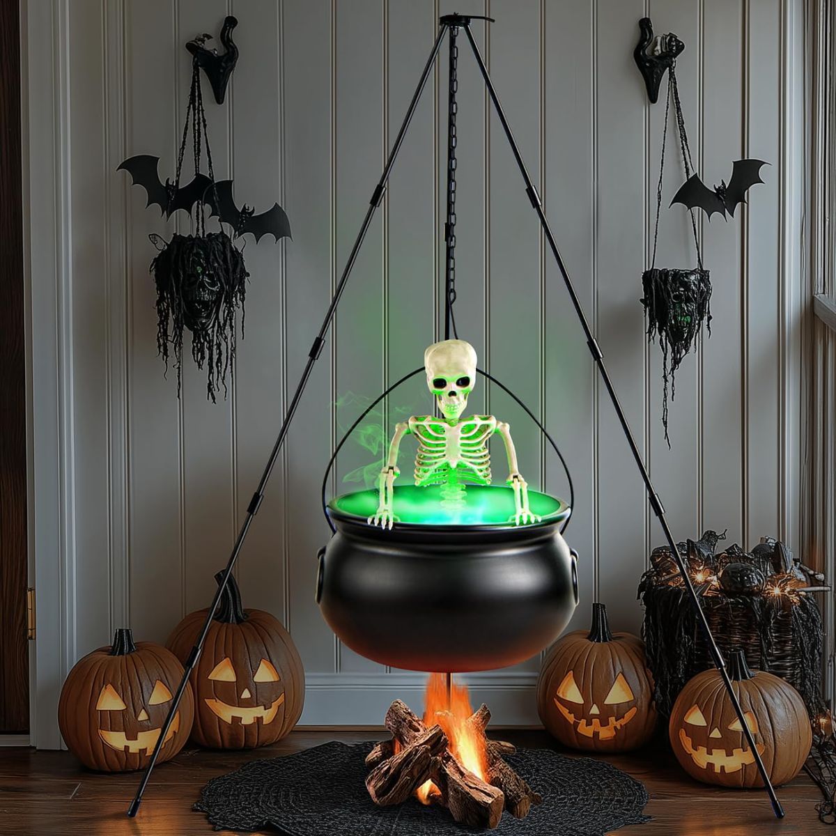Halloween Outdoor Decorations Witch Cauldron Tripod Stand Fog Machine With - Black - Size 130cm