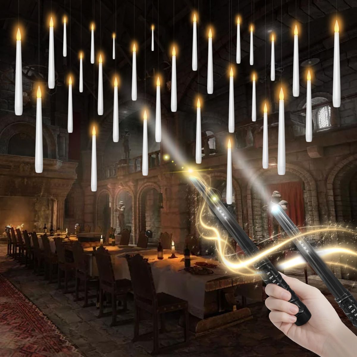 Flameless Floating Candles with Wand，30 Pcs Magic LED Hanging Taper Candles，Flickering Battery Operated Taper Candle with Wand Remote for Halloween Decorations Best Gift（White）
