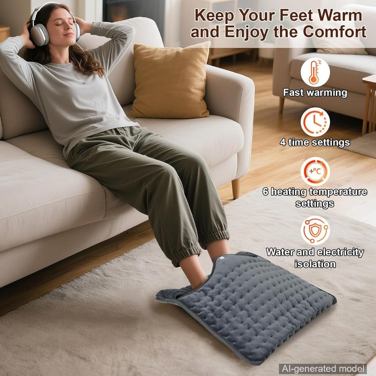 Electric Heated Foot Warmers for Men and Women 16"x16" Double Layer with 6 Temperature & 4 Timer Settings Fast Heating for Home Office Under Desk Bed Machine Washable Feet Warmers - Light Gray - Size 16in*16in