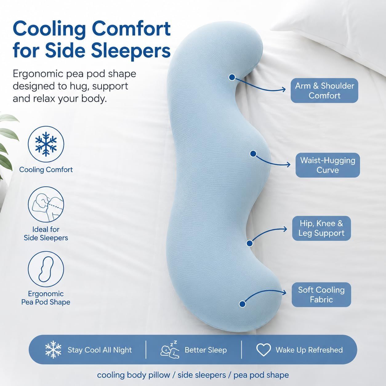 Pea Pod Shape Body Pillow for Adults Full-Body Support Side Sleeper Pillow, Pregnancy Back Pain Relief, Soft Hug Pillow with Memory Fiber Filling