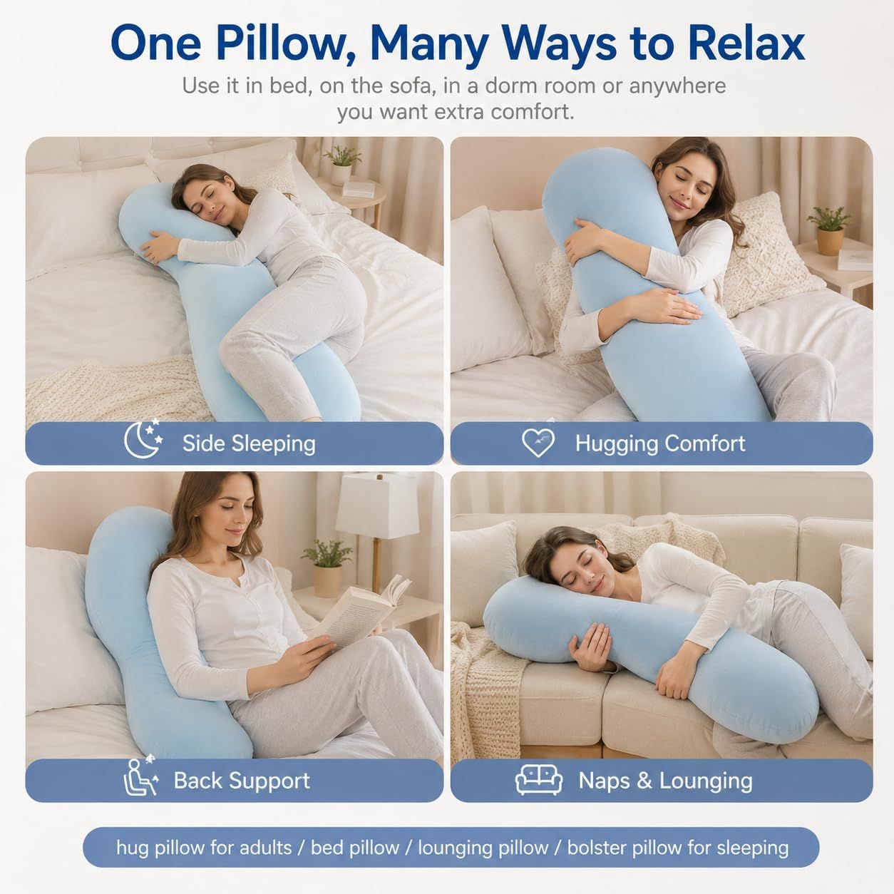 Pea Pod Shape Body Pillow for Adults Full-Body Support Side Sleeper Pillow, Pregnancy Back Pain Relief, Soft Hug Pillow with Memory Fiber Filling