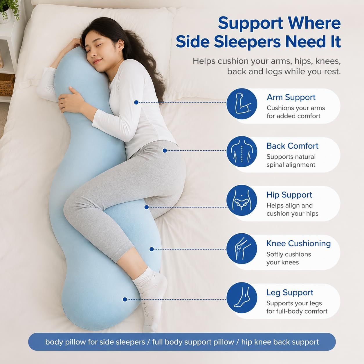 Pea Pod Shape Body Pillow for Adults Full-Body Support Side Sleeper Pillow, Pregnancy Back Pain Relief, Soft Hug Pillow with Memory Fiber Filling