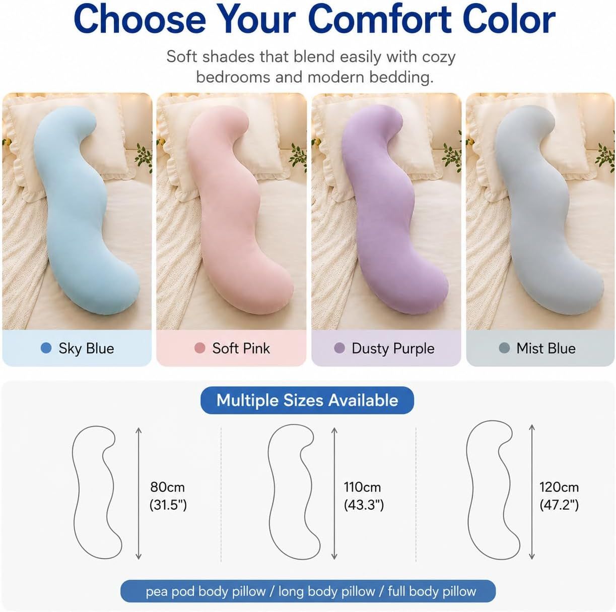 Pea Pod Shape Body Pillow for Adults Full-Body Support Side Sleeper Pillow, Pregnancy Back Pain Relief, Soft Hug Pillow with Memory Fiber Filling