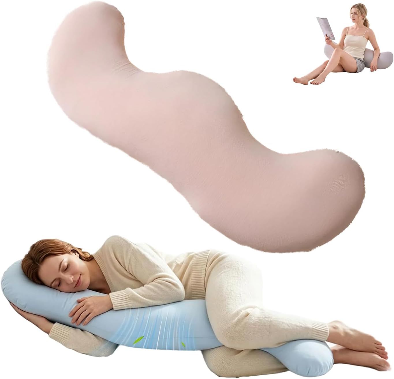 Pea Pod Shape Body Pillow for Adults Full-Body Support Side Sleeper Pillow, Pregnancy Back Pain Relief, Soft Hug Pillow with Memory Fiber Filling
