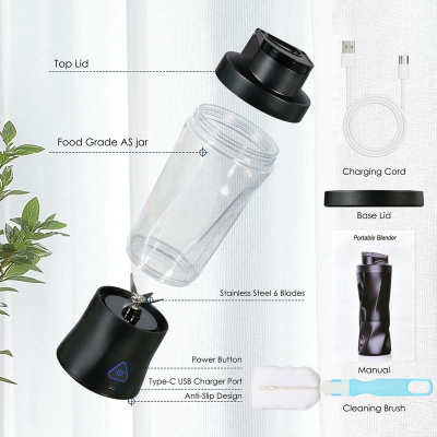 Portable Blender with 360W Motor – Wireless 24oz Juicer, USB-C Rechargeable, Self-Cleaning, 6-Blade, BPA-Free (White Transparent) | Other Colors Available in Store