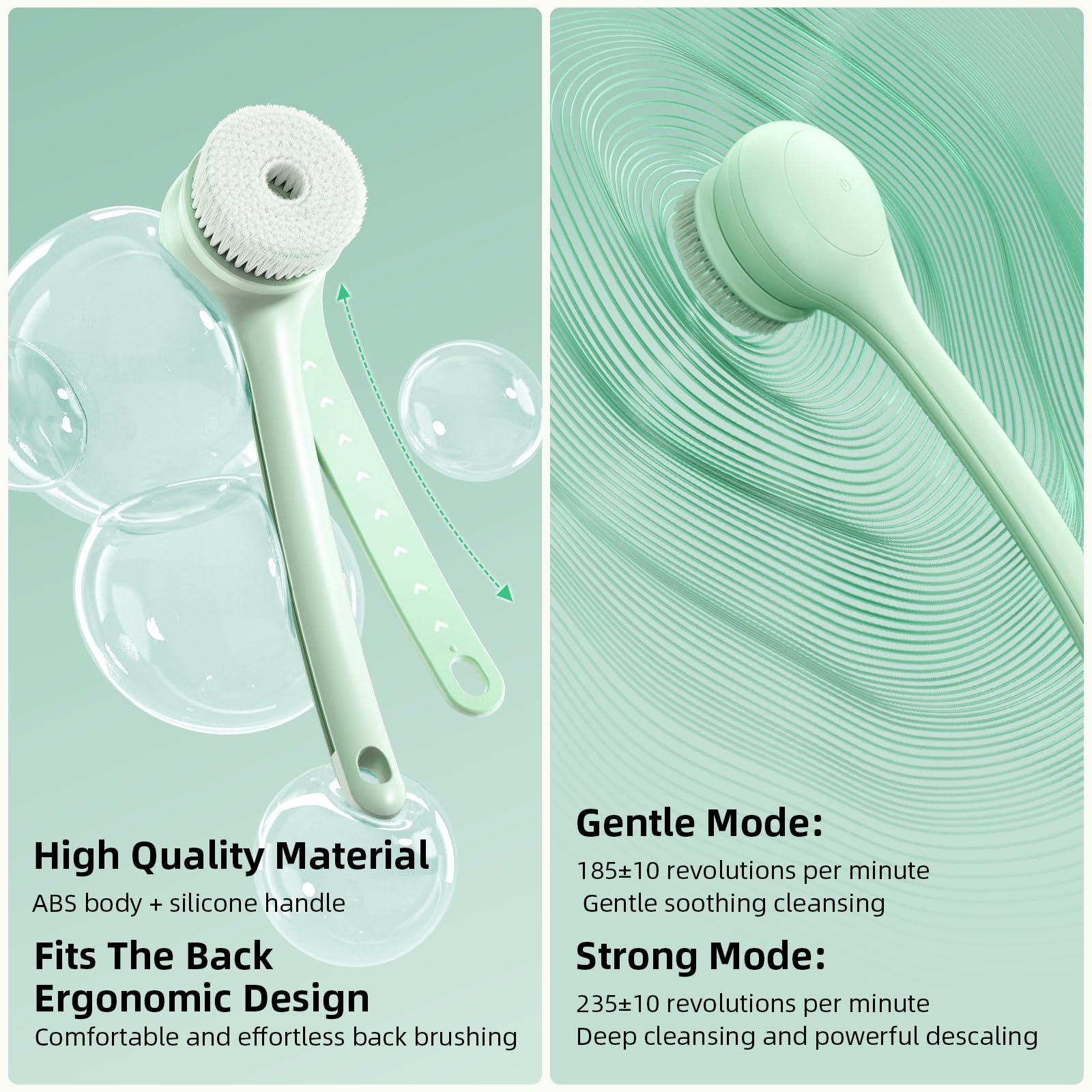 Electric Body Brush with Dual Handles – Waterproof Rotating Bath Scrubber, 3 Replaceable Heads, USB-C Charging, 2 Speeds(Green)