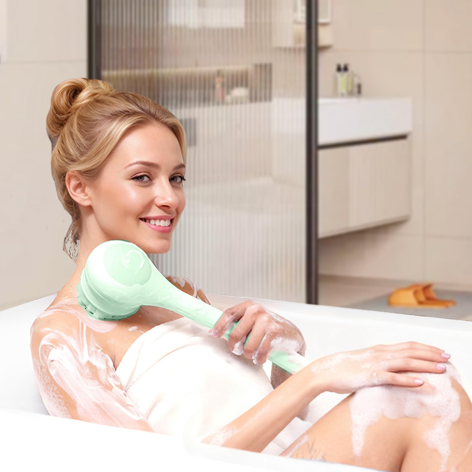 Electric Body Brush with Dual Handles – Waterproof Rotating Bath Scrubber, 3 Replaceable Heads, USB-C Charging, 2 Speeds(Green)