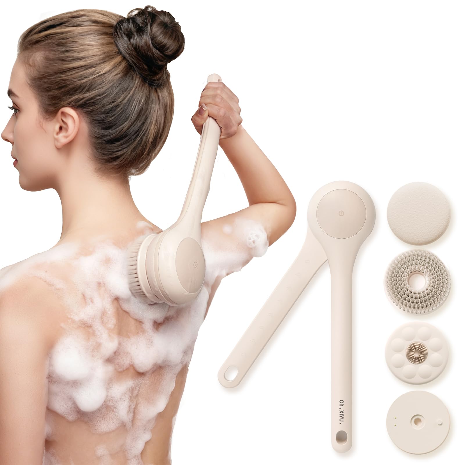 Electric Body Brush with Dual Handles – Waterproof Rotating Bath Scrubber, 3 Replaceable Heads, USB-C Charging, 2 Speeds(Milk coffee)
