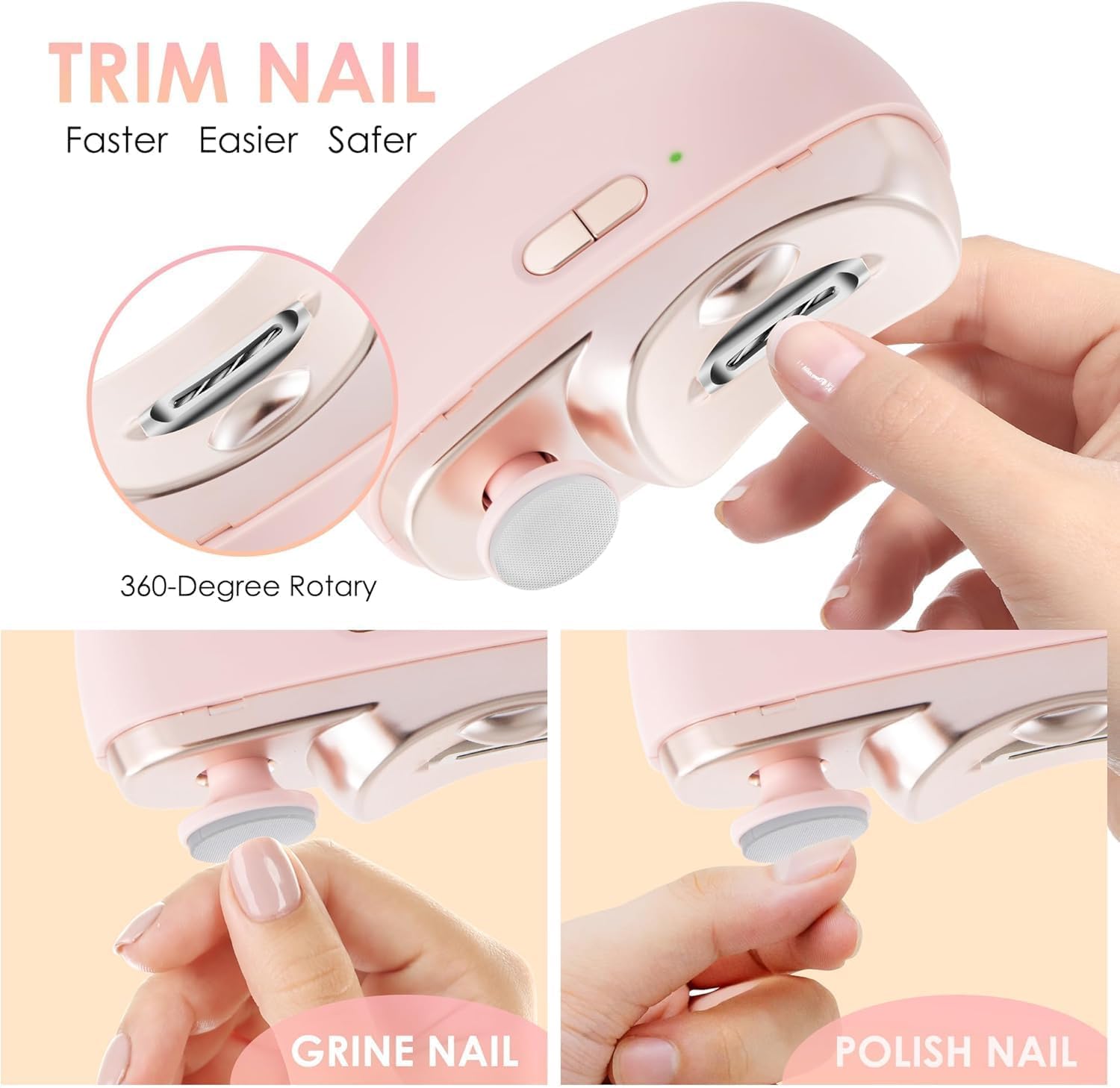 3-in-1 Electric Nail Trimmer for Kids, Adults & Seniors – Auto Nail Clipper with Polish Plate, Dust Collector, LED Light, Whisper-Quiet 40dB Operation, USB-C Rechargeable, Safe for Sensitive Nails (Pink)