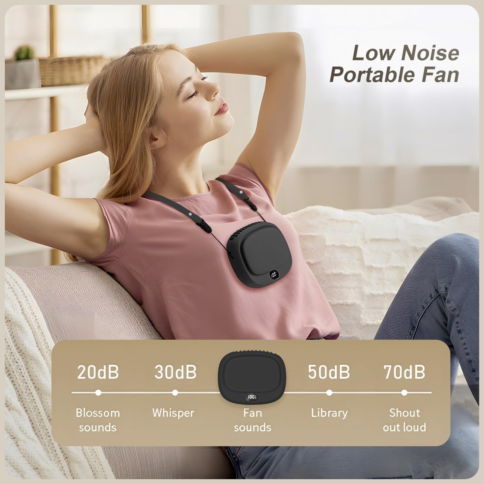 Portable Neck Fan with 5 Speeds – Rechargeable USB Mini Fan for Outdoor Travel, Work & Camping – Silent Personal Cooling Fan (Black)