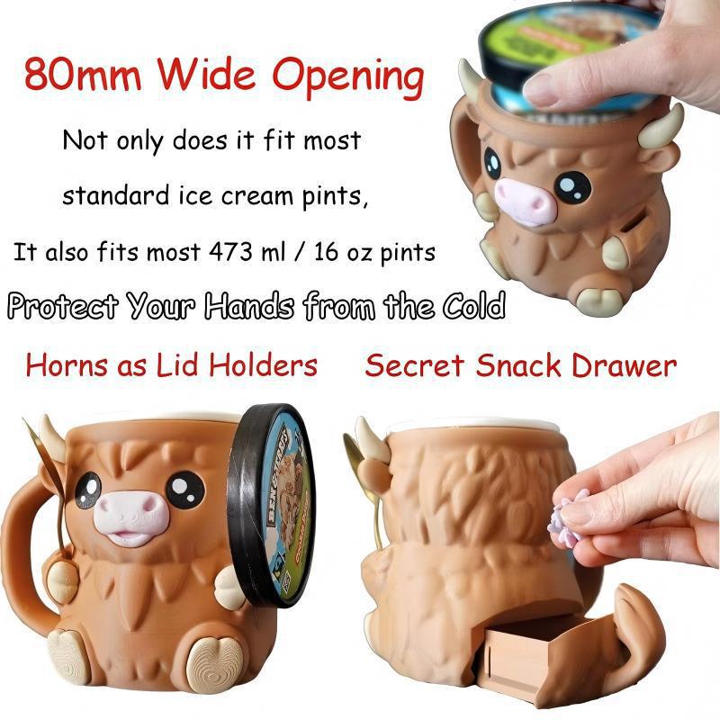 Modern Highland Cow Ice Pint Holder – Fun Animal Mug with Secret Snack Drawer, Lid Holders, and Wide Opening(Black)