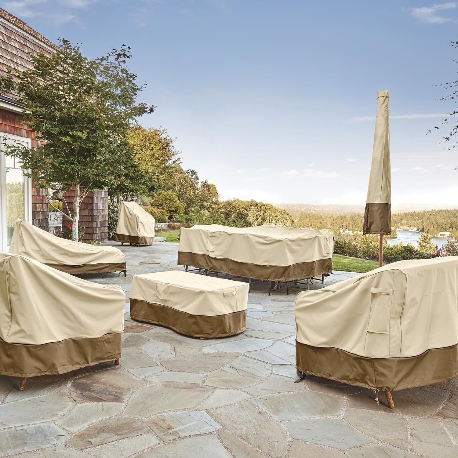 Patio Table & Chair Cover with Umbrella Hole: Water-Resistant Outdoor Furniture Cover for Rectangular/Oval Garden Sets(223x147x58 cm LxWxH)