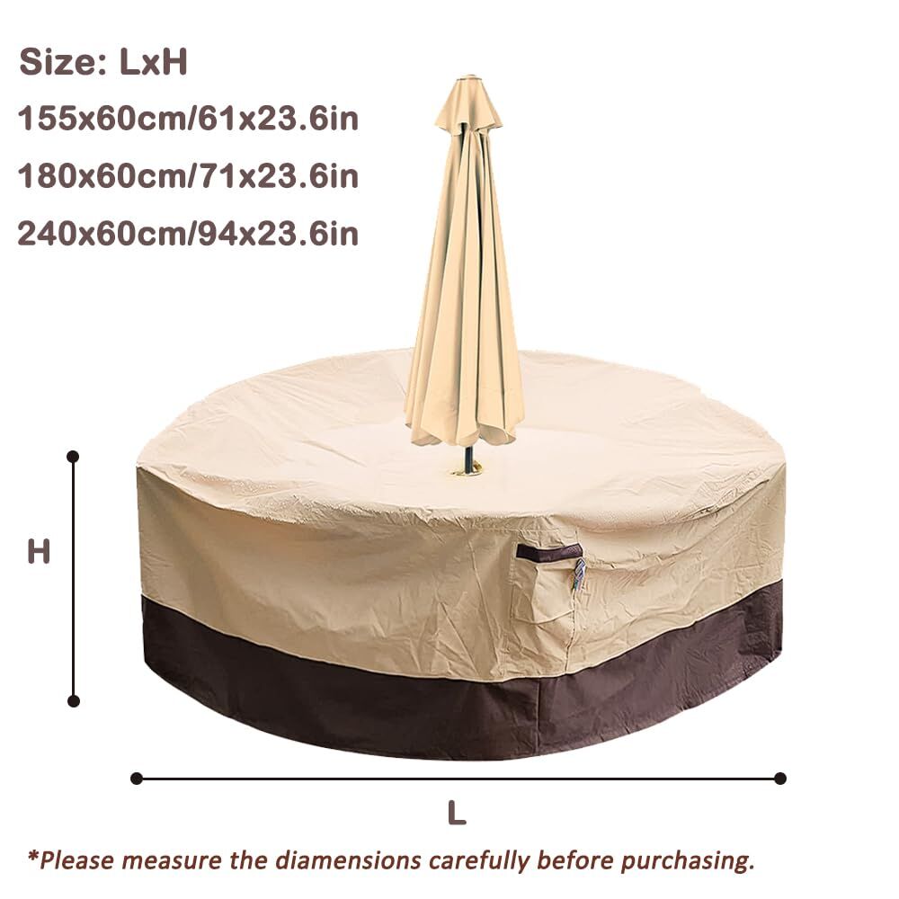 Round Patio Furniture Cover with Umbrella Hole: Waterproof 4-Season Protector for Garden, Balcony Table & Chair Sets(155x60 cm LxH)