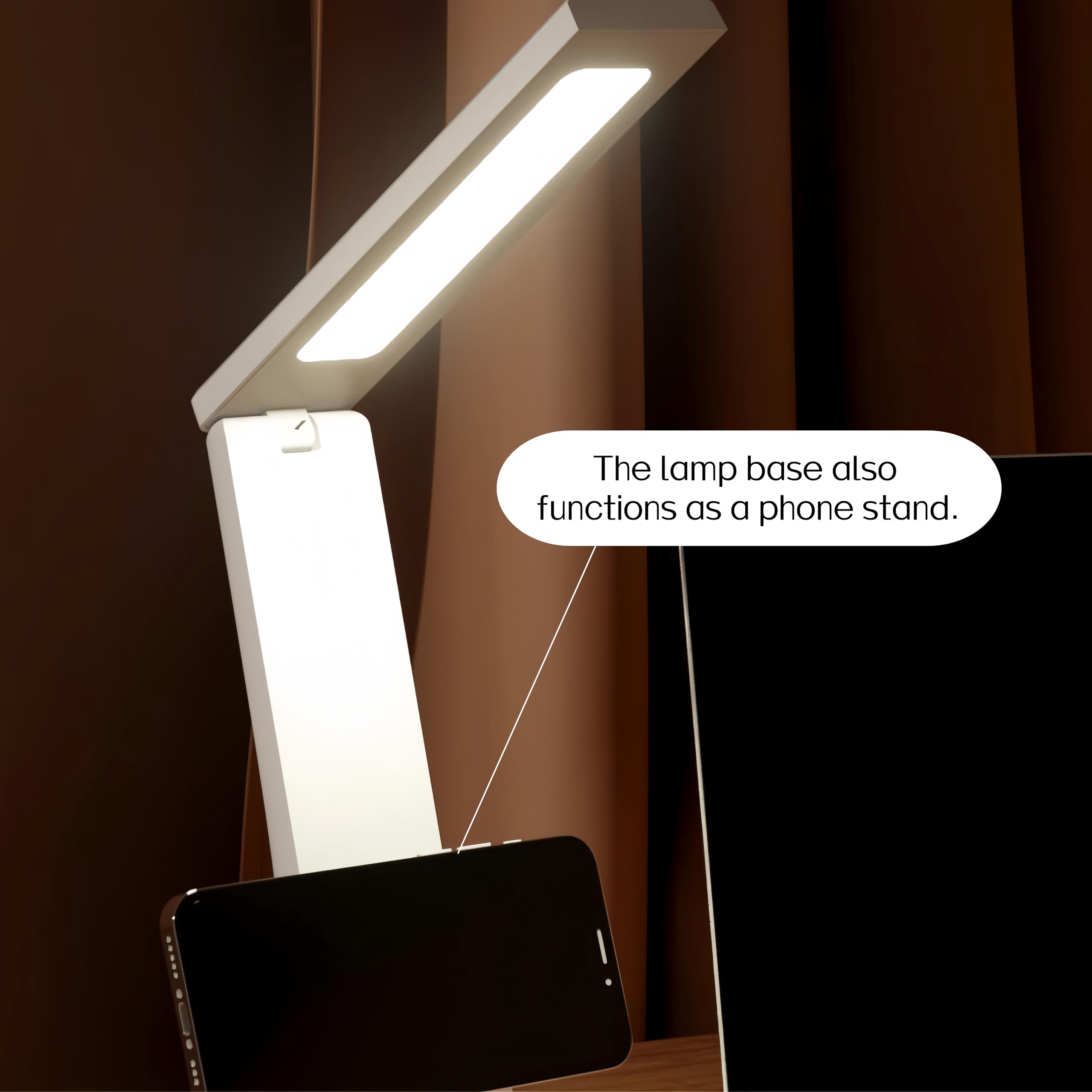 USB Rechargeable Foldable LED Desk Lamp – Touch Control, 3-Color Temperature, Stepless Dimming, 120° Adjustable Arm, Built-in Phone Stand, Flicker-Free & Blue Light Filtered, Ideal for Study, Office, Bedroom, Dorm; Compact & Modern Design (White,3600mA)
