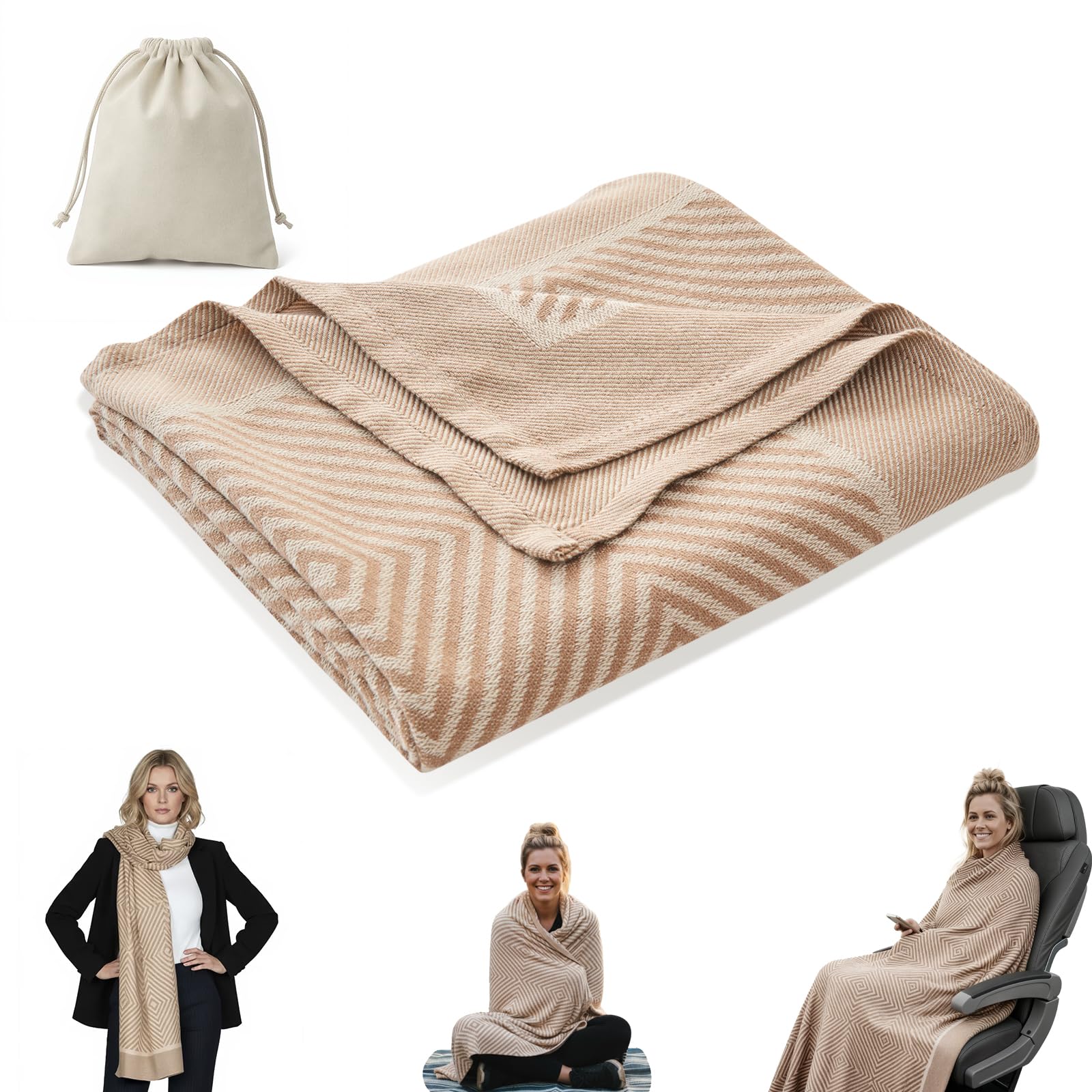 Premium Travel Blanket – Ultra-Soft Knit Wrap for Airplane, Car, Office Naps, and Gifts – Lightweight, Breathable, and Stylish with Storage Bag (Brown)