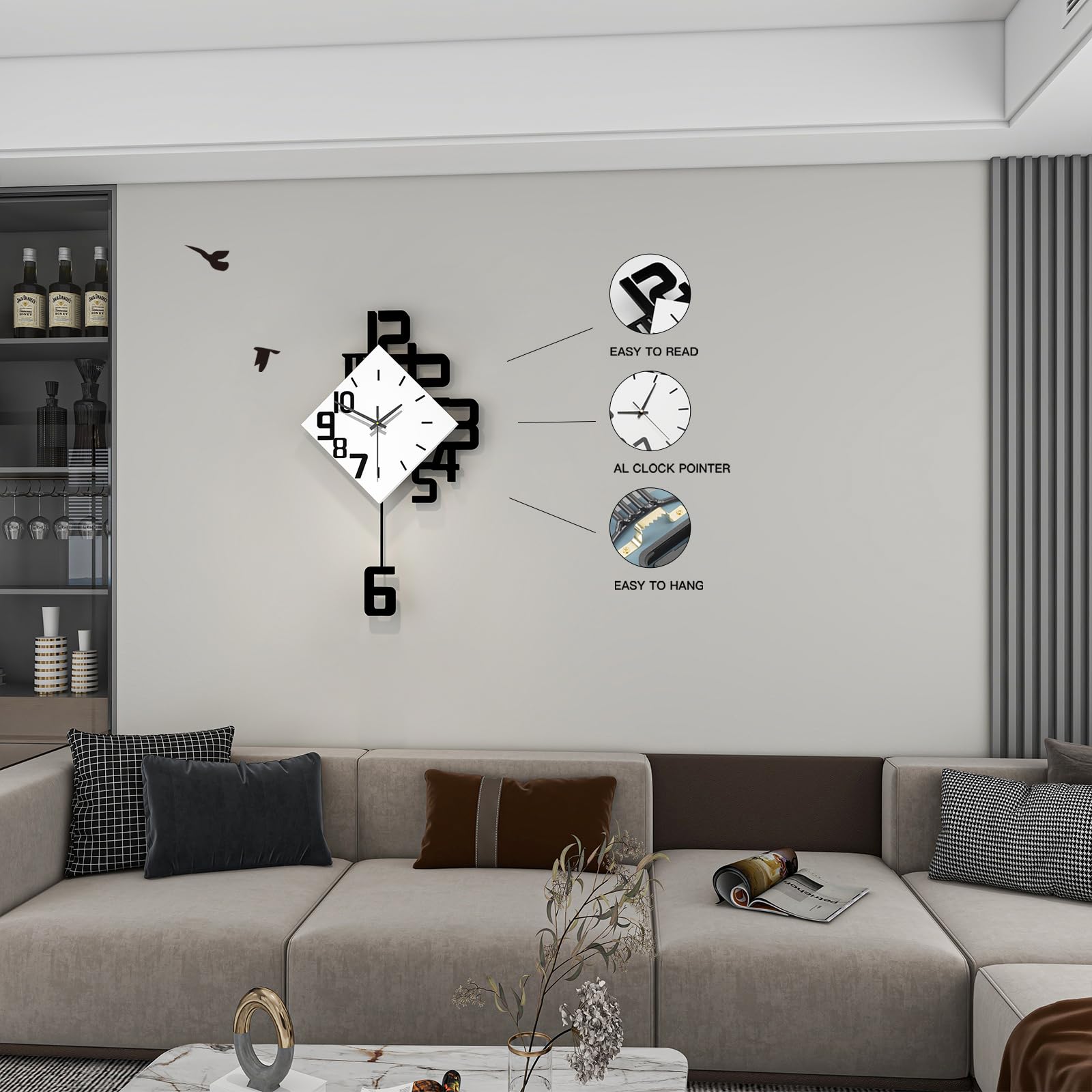 Modern Diamond Wall Clock – Creative 3D Design Silent Quartz Wall Clock for Living Room, Bedroom, Office, Home Decor, Battery Operated (Black-White)