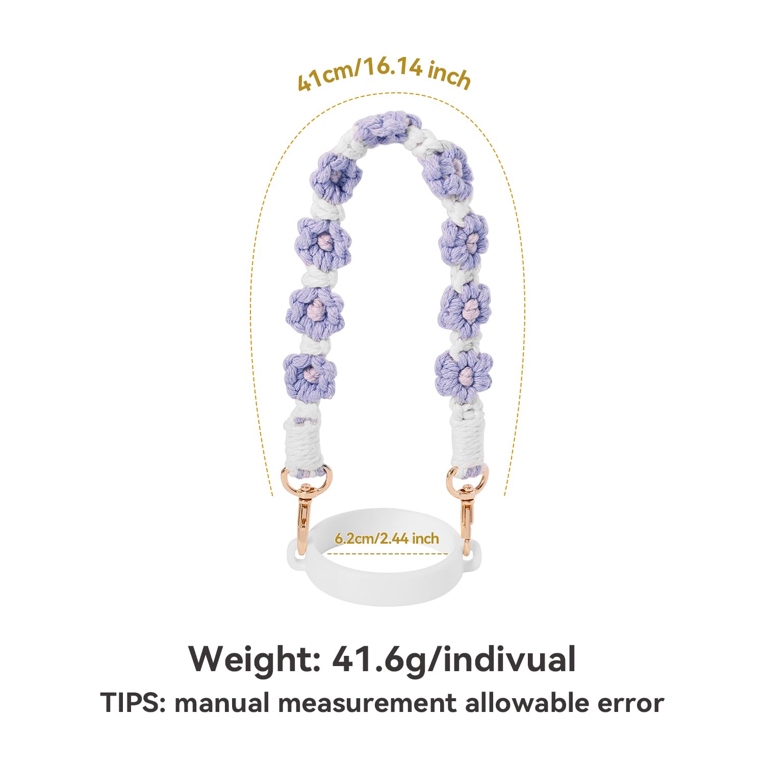 Hand-Woven Flower Water Bottle Strap with Silicone Ring 41cm/16.14 inch – Universal Cup Holder for 14oz, 30oz, and 40oz Stanley Tumblers, Adjustable Shoulder Strap with Rose Gold Clips and Net Pouch (Purple)