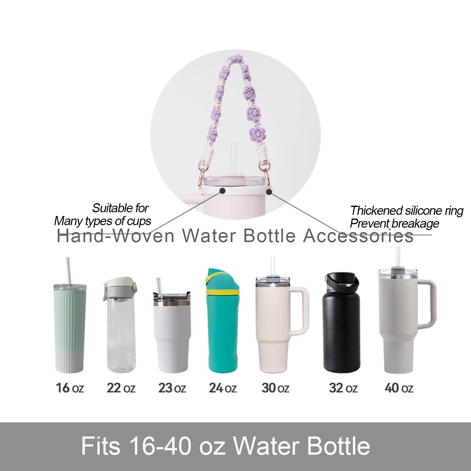 Hand-Woven Flower Water Bottle Strap with Silicone Ring 41cm/16.14 inch – Universal Cup Holder for 14oz, 30oz, and 40oz Stanley Tumblers, Adjustable Shoulder Strap with Rose Gold Clips and Net Pouch (Purple)