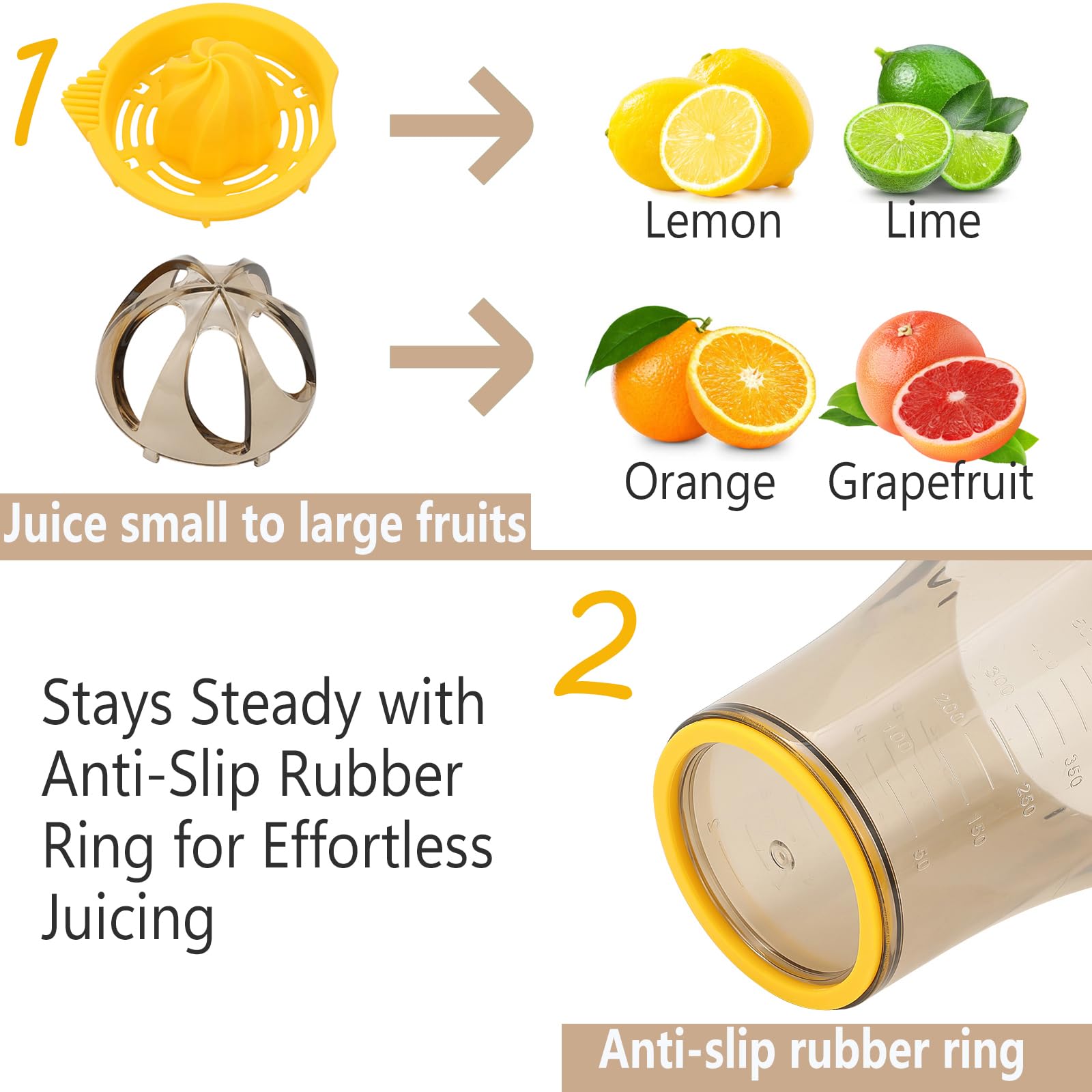 Handheld Citrus Juicer with Dual Reamer & 20oz Measuring Cup – Manual Lemon, Lime, Orange, Grapefruit Squeezer with Anti-Slip Base and Filtered Spout (Yellow)