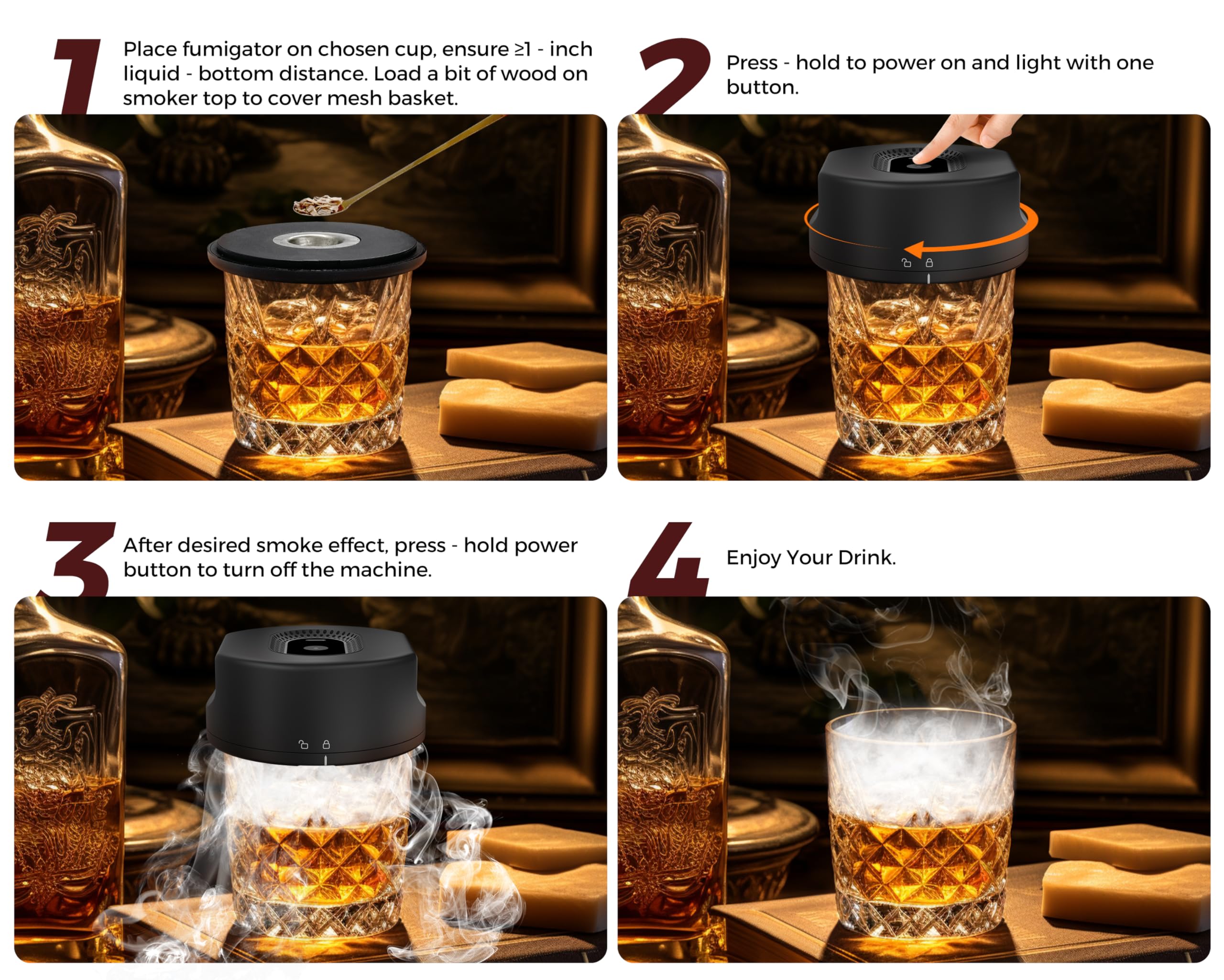 Black Smart Cocktail Smoker Kit – Electric Whiskey Smoke Generator with 6 Wood Chips, USB Rechargeable, One-Click Ignition | Perfect Gift for Men & Bar Enthusiasts