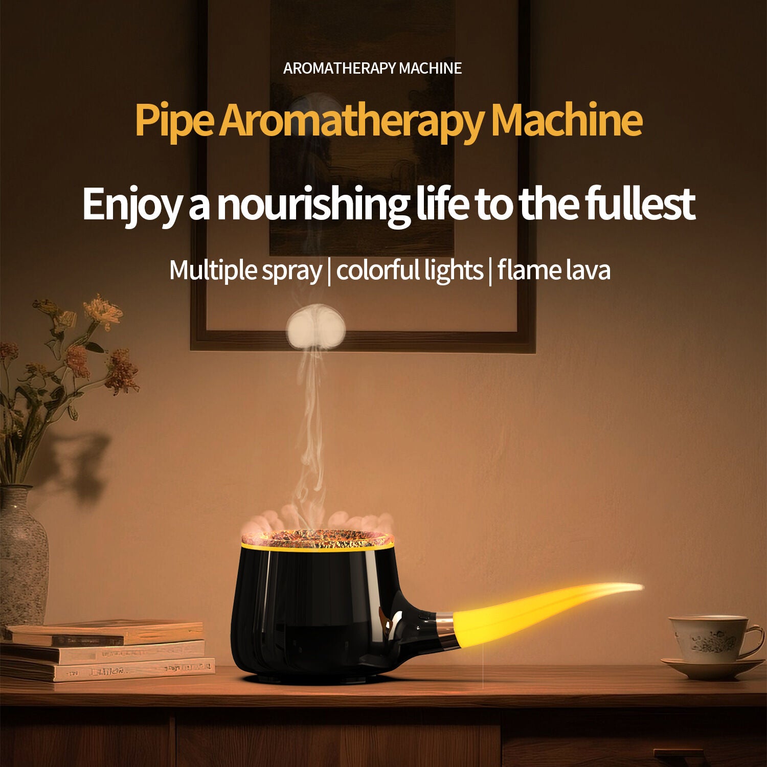 Pipe-Shaped Aromatherapy Humidifier with LED Flame & Mist – USB Desk Diffuser for Home, Office, Bedside (Black) | Other Colors Available in Store