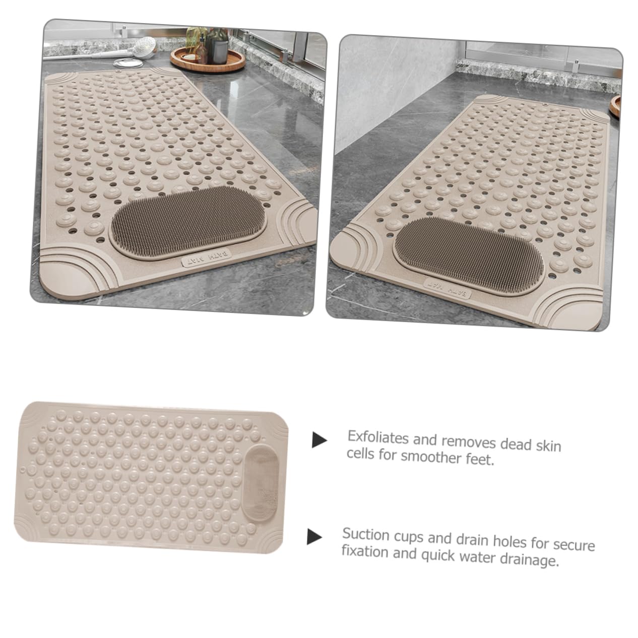 Non-Slip Bath Mat with Foot Scrubber – 70 x 36 cm, Anti-Skid Suction Cups & Drain Holes, Waterproof Shower Floor Pad with Exfoliating Brush(Grey)