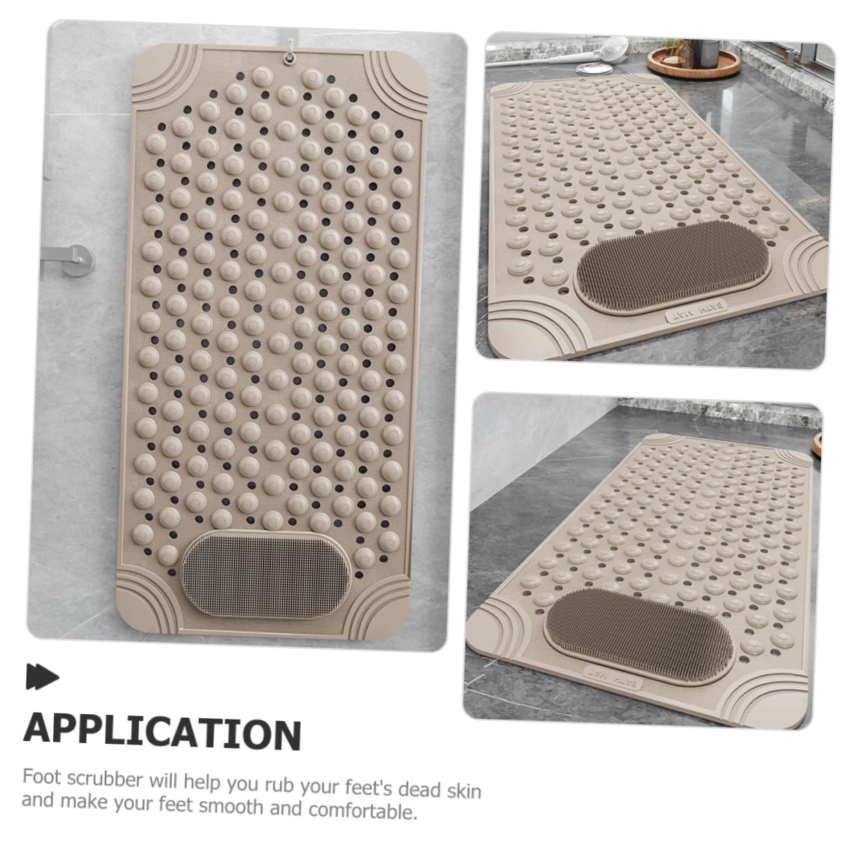 Non-Slip Bath Mat with Foot Scrubber – 70 x 36 cm, Anti-Skid Suction Cups & Drain Holes, Waterproof Shower Floor Pad with Exfoliating Brush(Grey)