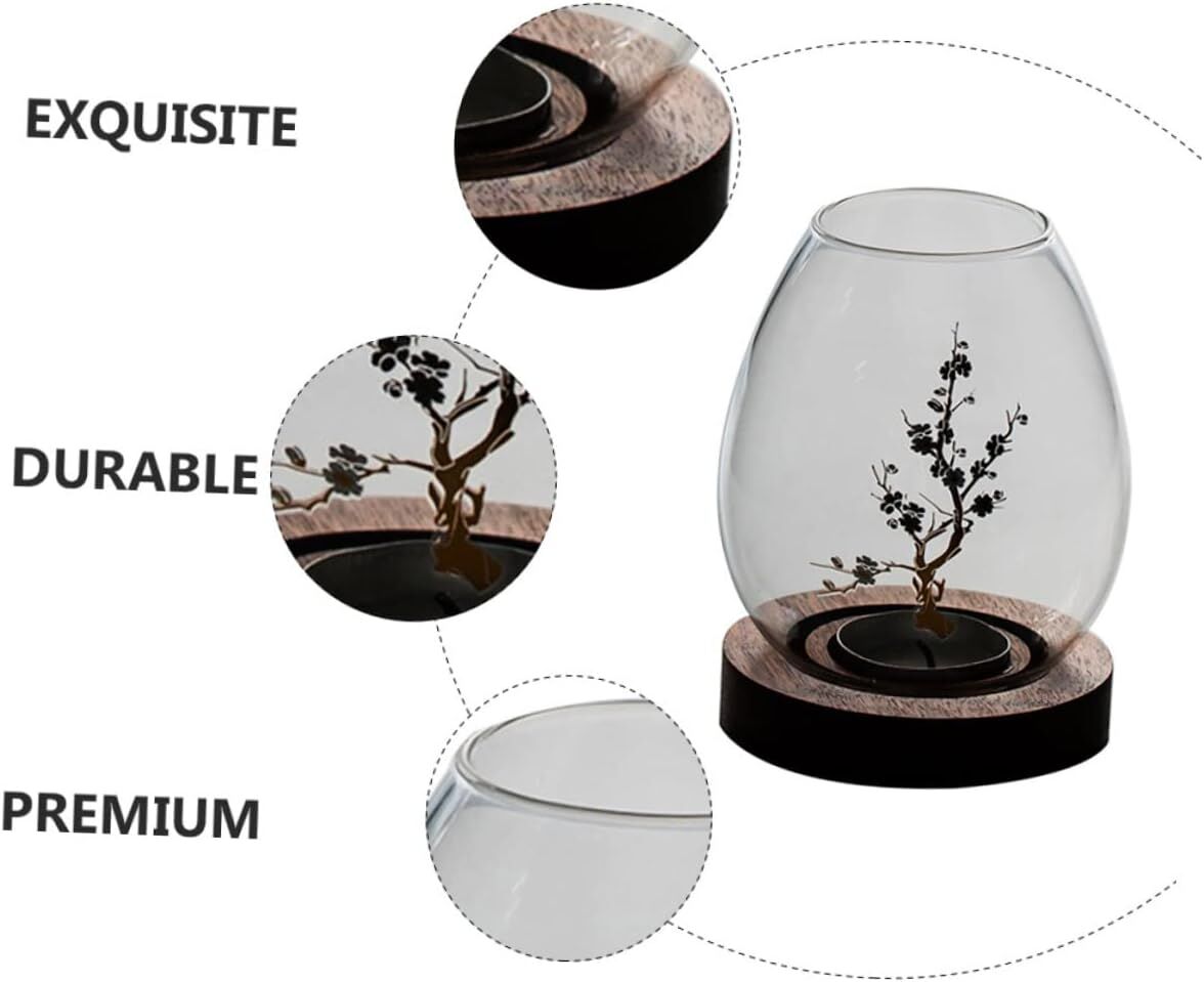 Chinese-Style Glass Candle Holder with Plum Blossom Design: 12×8cm, Windproof, Retro Zen Decor for Romantic Dinners & Home Ambiance