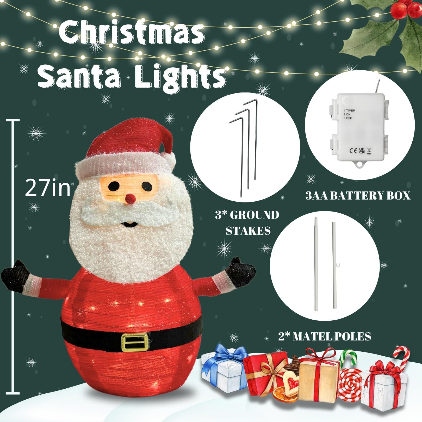 LED Christmas Santa Lantern Collapsible Pop Up Outdoor Yard Garden Decor Light 45 LED