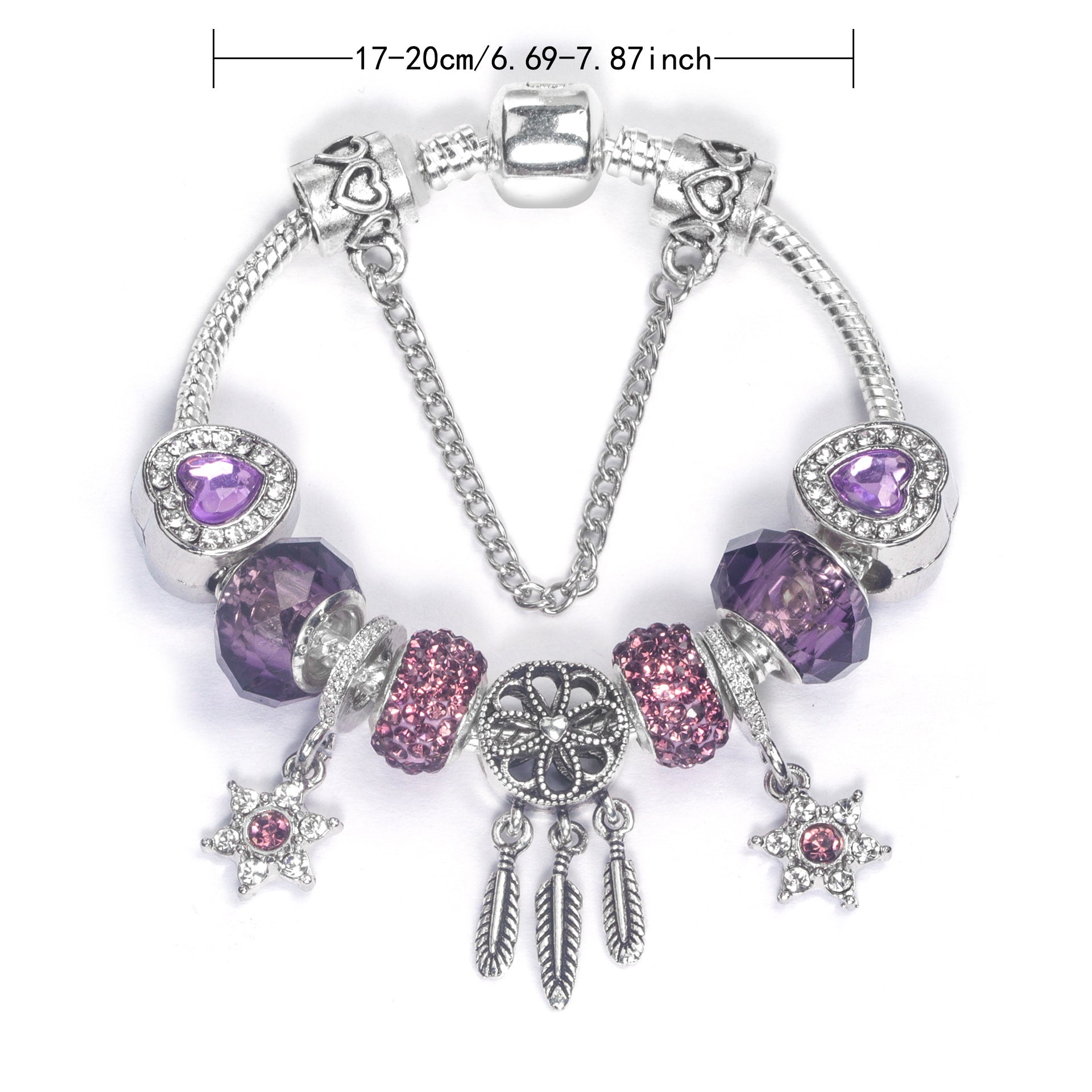 Purple Crystal Beaded Charm Bracelet with Star & Dreamcatcher Pendant, Rhinestone-Embedded DIY Alloy Bracelet(19cm)