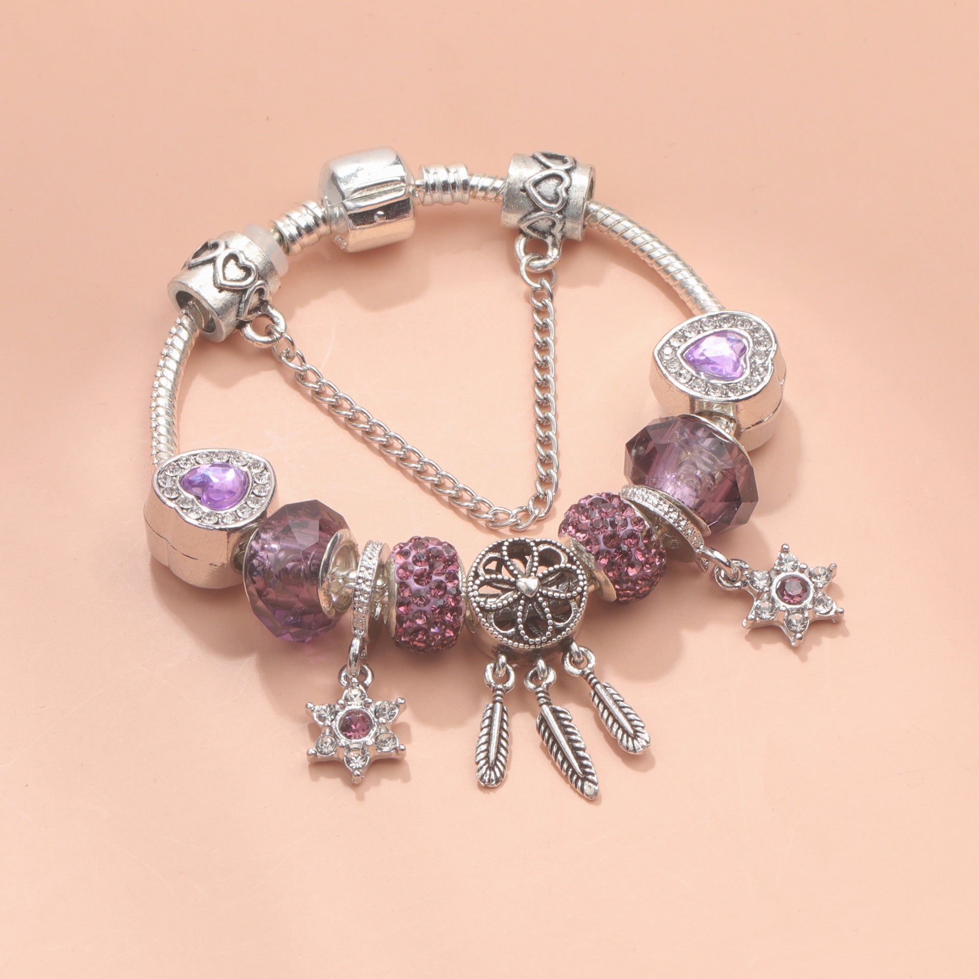 Purple Crystal Beaded Charm Bracelet with Star & Dreamcatcher Pendant, Rhinestone-Embedded DIY Alloy Bracelet(20cm)