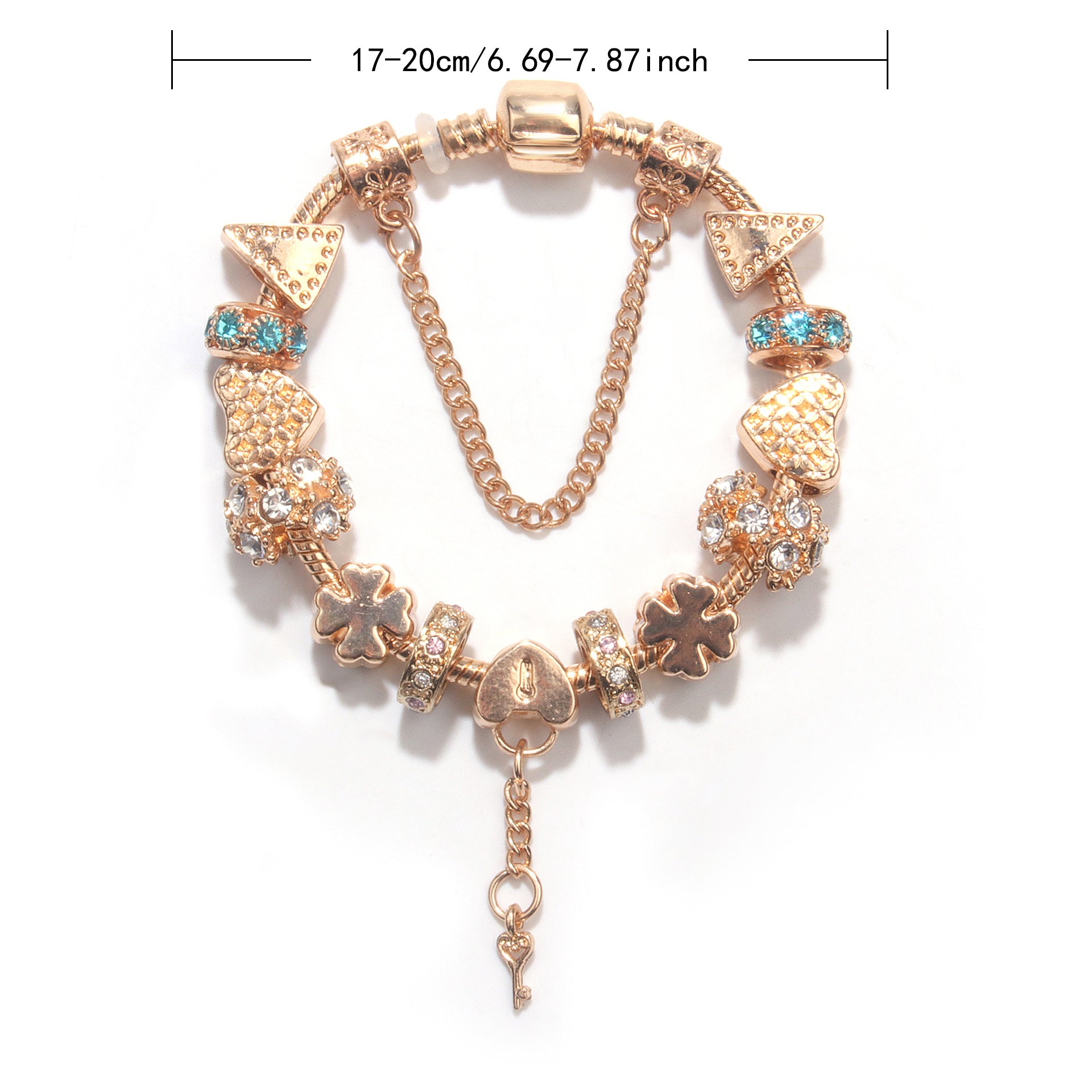 Rose Gold DIY Charm Bracelet with Crystal Heart, Clover & Key Pendant, Romantic Beaded Bracelet(18cm)