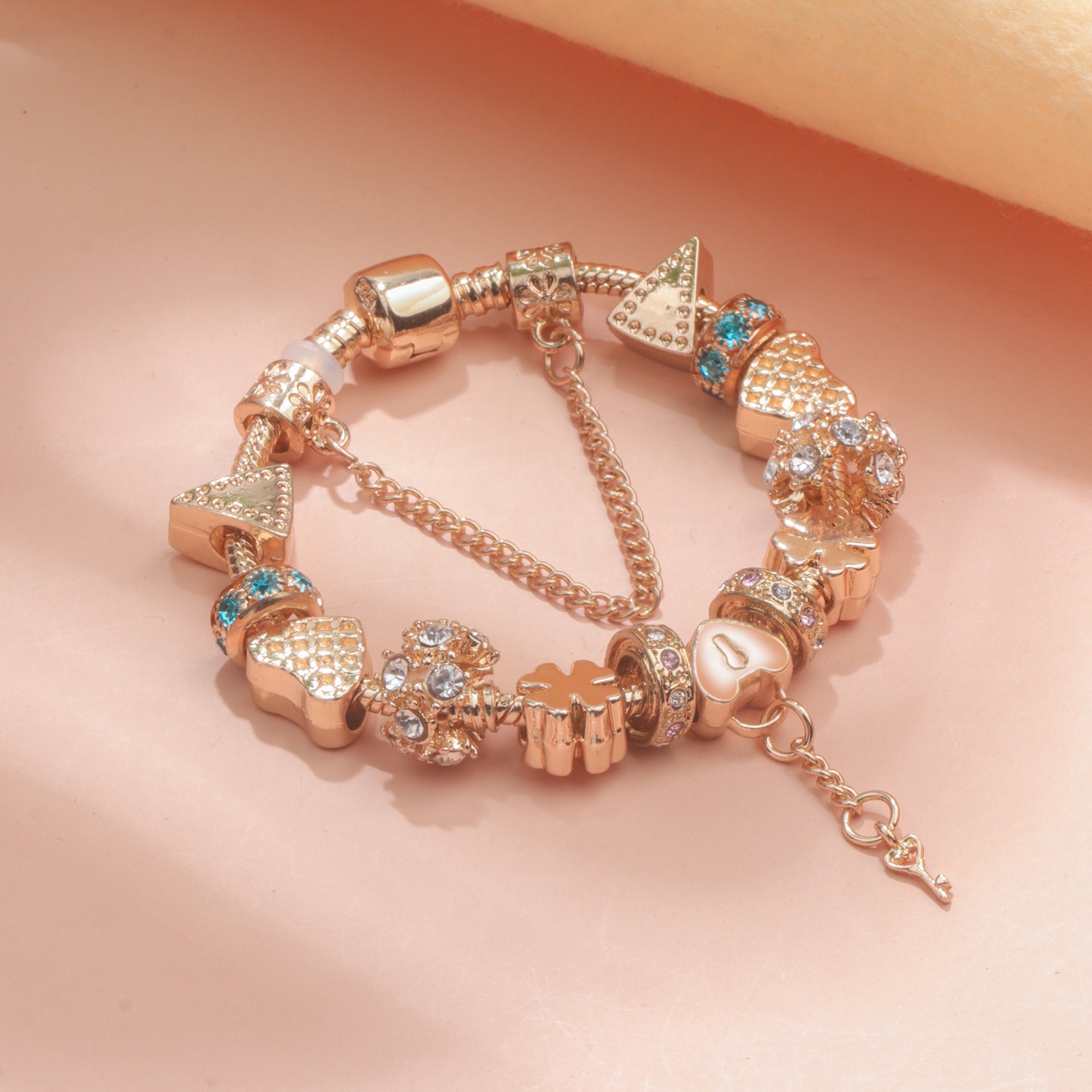 Rose Gold DIY Charm Bracelet with Crystal Heart, Clover & Key Pendant, Romantic Beaded Bracelet(18cm)