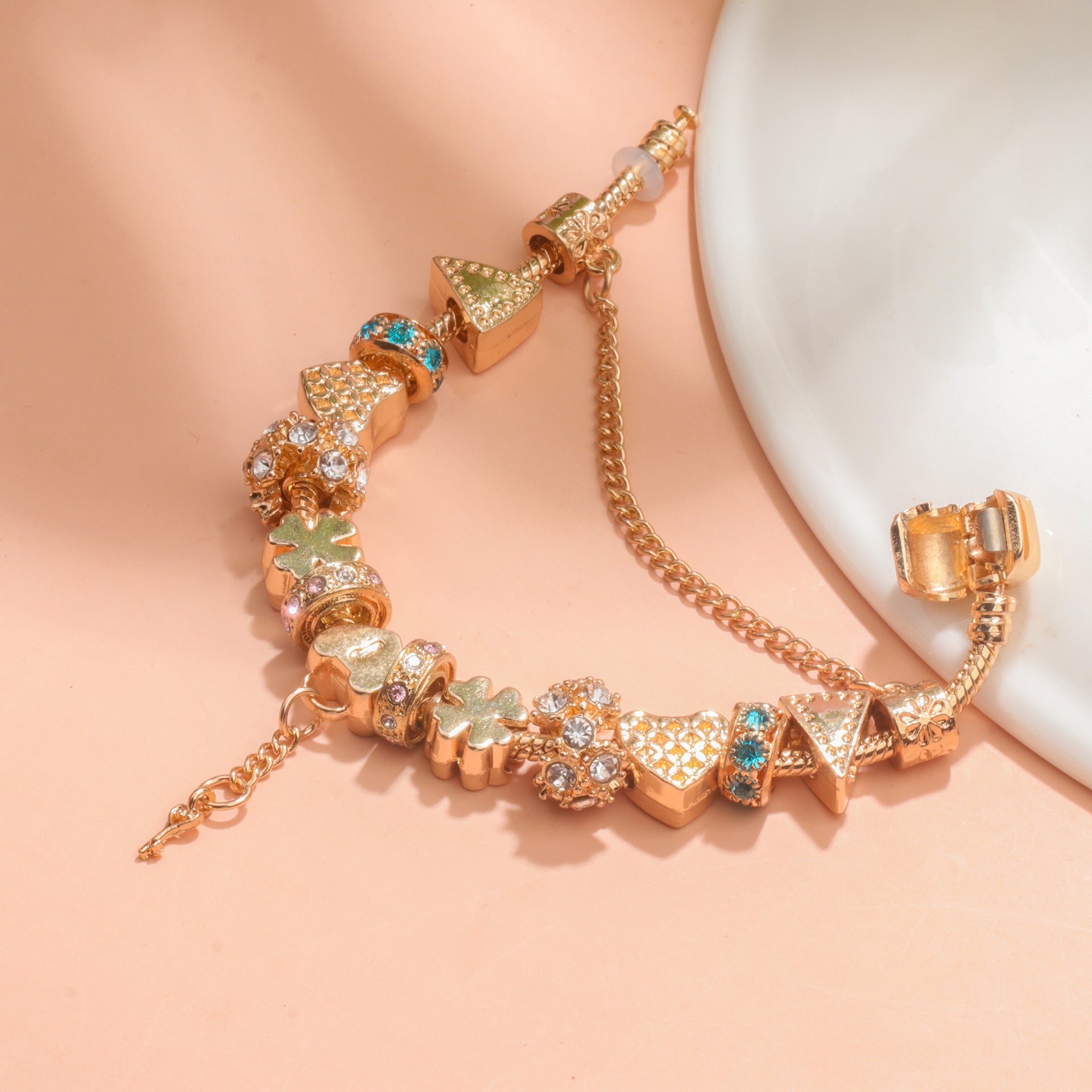 Rose Gold DIY Charm Bracelet with Crystal Heart, Clover & Key Pendant, Romantic Beaded Bracelet(18cm)