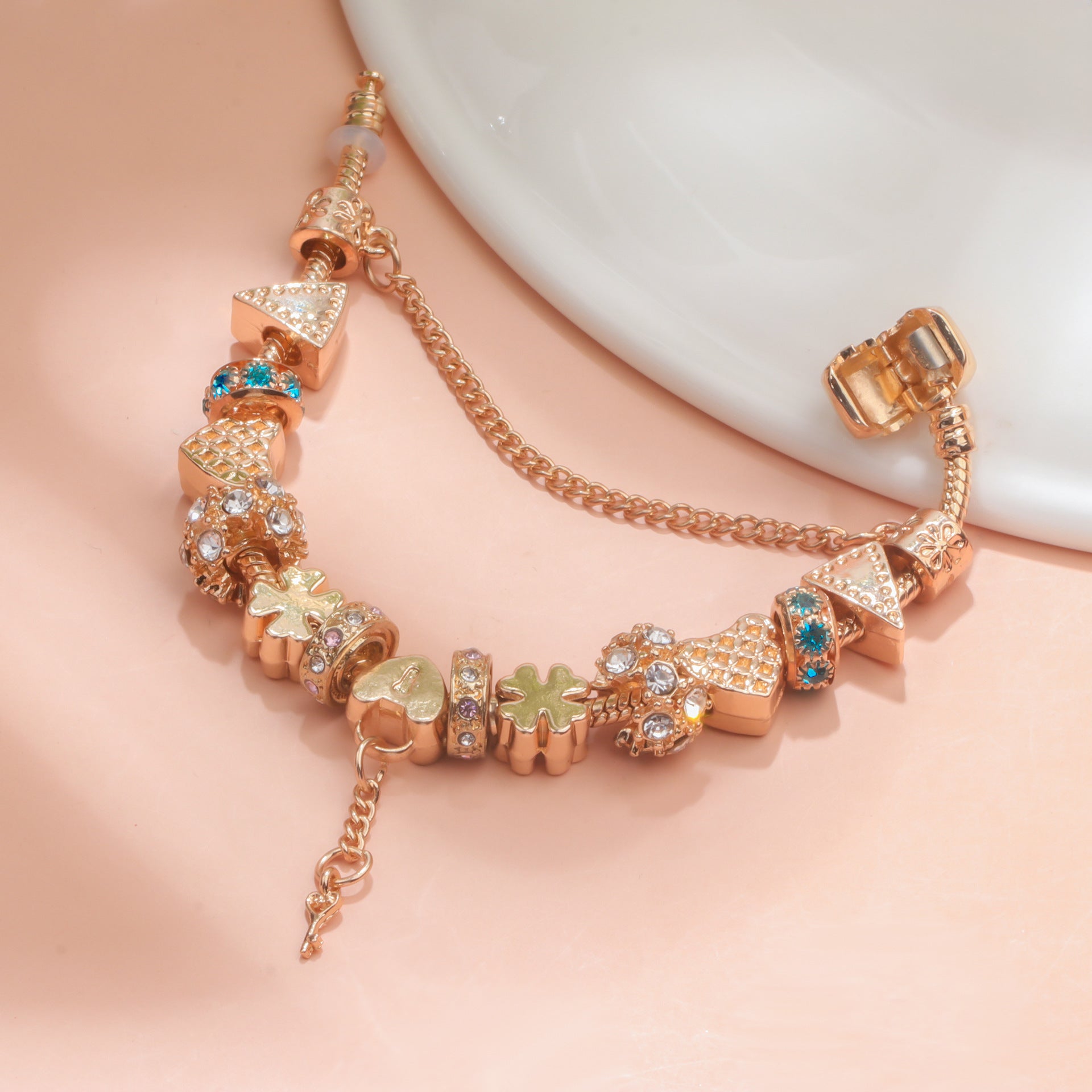 Rose Gold DIY Charm Bracelet with Crystal Heart, Clover & Key Pendant, Romantic Beaded Bracelet(20cm)