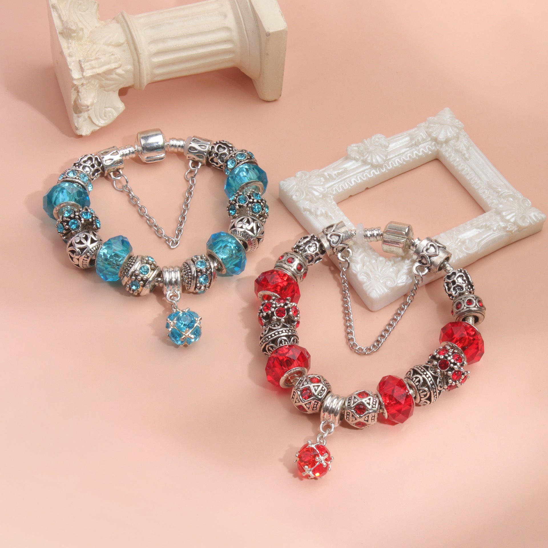 Ethnic Crystal Bead DIY Bracelet blue Alloy Electroplated Big Bead Bracelet(18cm)