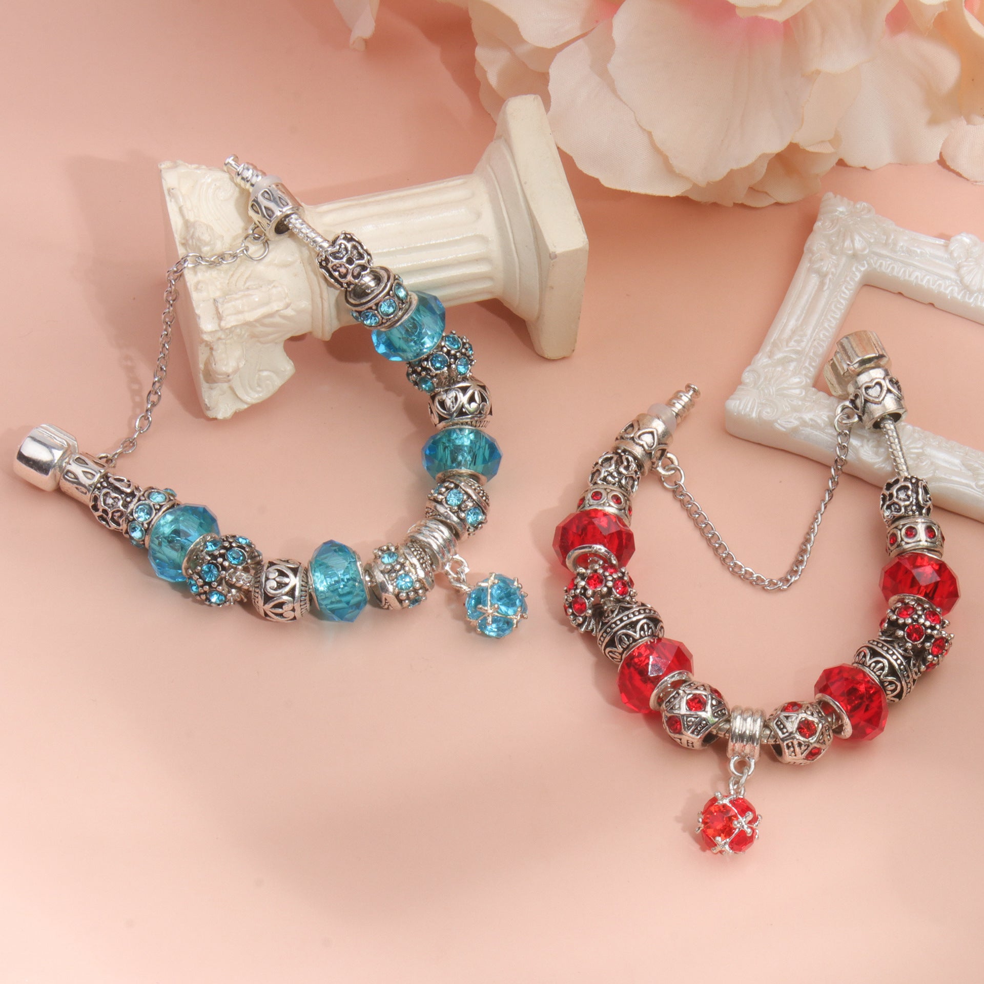 Ethnic Crystal Bead DIY Bracelet blue Alloy Electroplated Big Bead Bracelet(18cm)