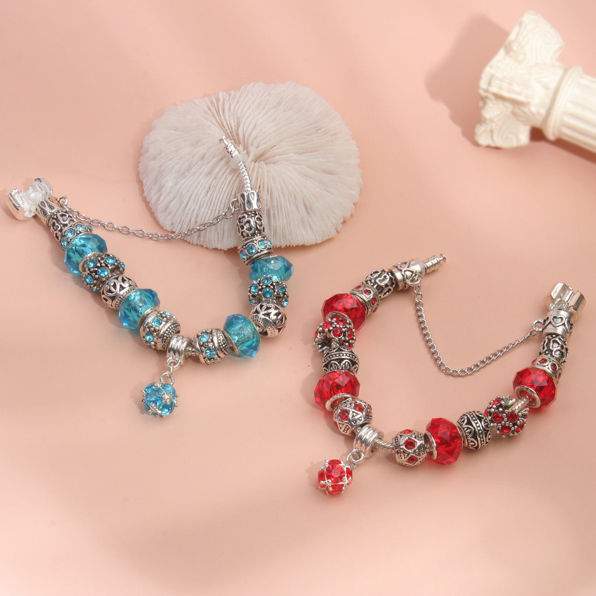 Ethnic Crystal Bead DIY Bracelet blue Alloy Electroplated Big Bead Bracelet(18cm)